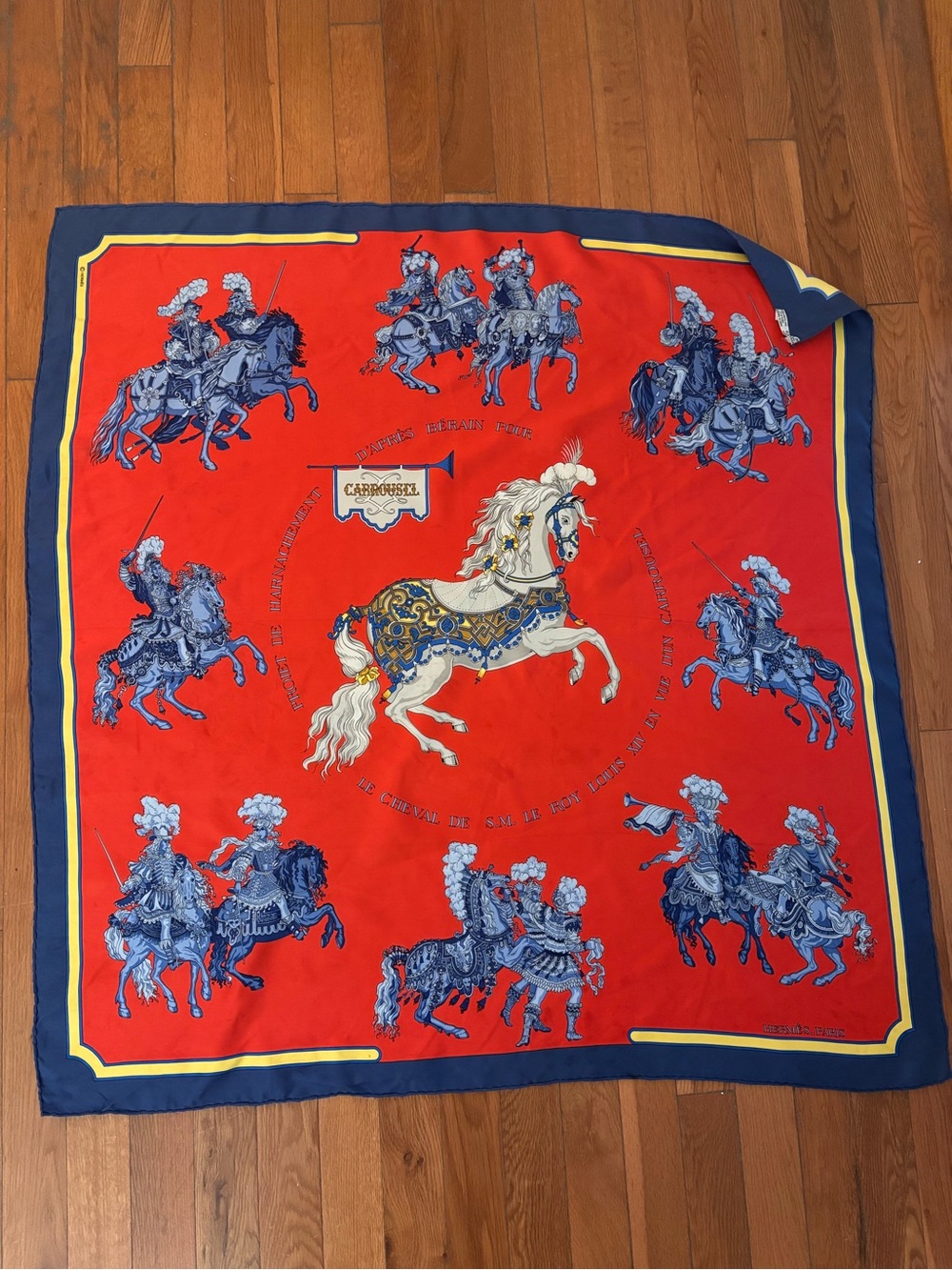 Hermès "Carrousel" Silk Carré 90 red and Navy Carousel Horse Silk Scarf
